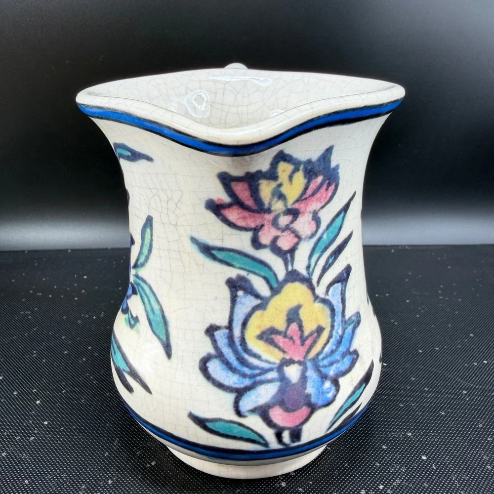 Pottery Barn Floral Iznik Ceramic Pitcher Hand Painted Crackle Glaze‎ Creamer
